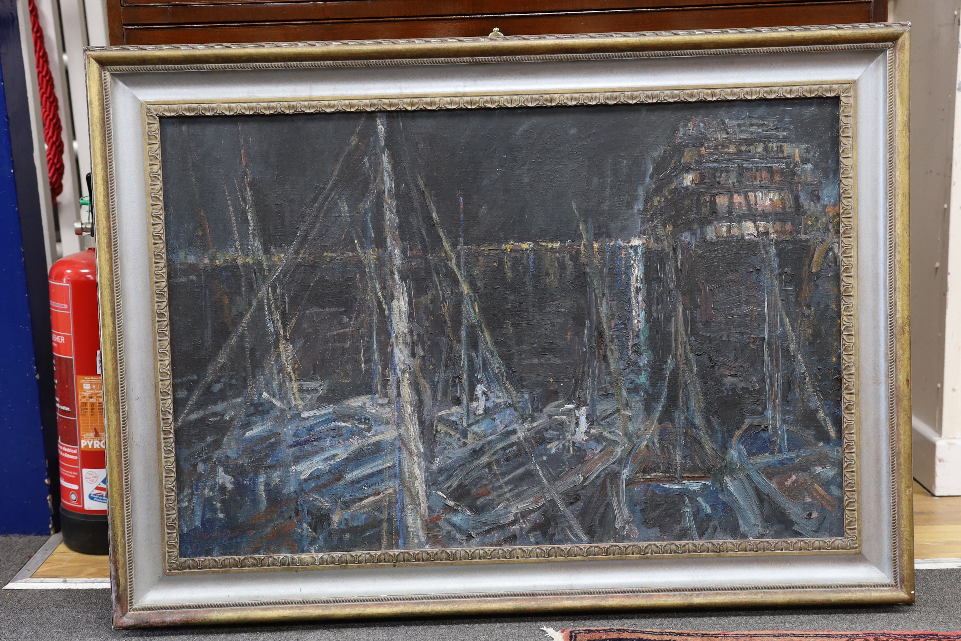John Linfield (b.1930), oil on board, Harbour at night, signed and dated '93, 60 x 90cm